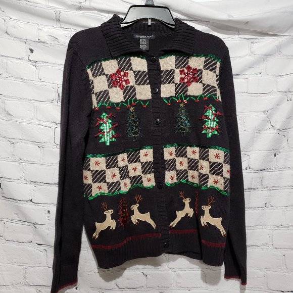 Christmas Cardigan Sweater. Christmas trees and reindeer. New - Picture 1 of 6